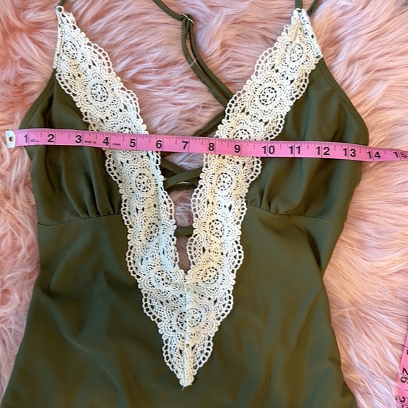Cupshe Olive Sage Green Crotchet Criss Cross Backless Sexy One Piece Swimsuit - Picture 11 of 11